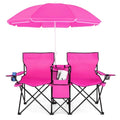Goplus Double Camping Chair with Umbrella, Folding Loveseat Chairs w/Canopy Shade, Carrying Bag, Table, Cup Holder, Portable Beach Chairs Outdoor Picnic Patio (Pink) - color: Pink