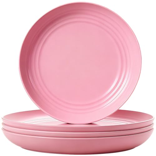 4 Pcs Unbreakable Wheat Straw Dinner Plates, 7.8 Inch Reusable Plastic Plates, Lightweight Plates for Kitchen Camping Dessert Salad, Microwave & Dishwasher Safe (Pink) - color: Pink