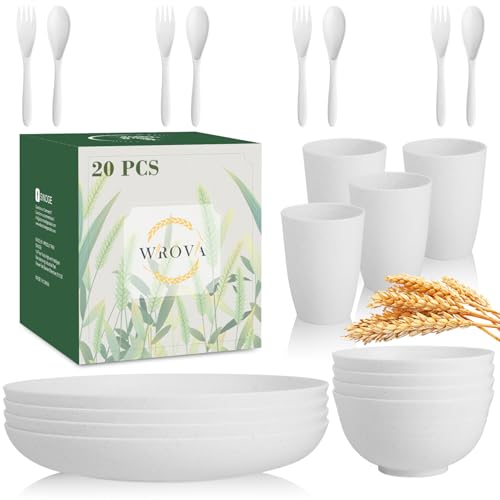 Wrova Wheat Straw Dinnerware Sets with Flatwares,20-piece Dishwasher Safe Kitchen Plates and Bowls Set,Unbreakable Modern Dish Set Apartment Essentials and Dorm Essentials.(White) - color: White, size: 20 Pack