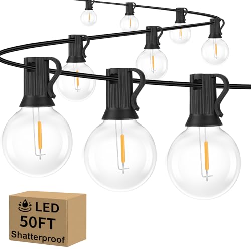 Outdoor G40 LED Globe String Lights 50Feet Dimmable Waterproof Shatterproof Patio Lights with 52 Bulbs Connectable Commercial Hanging Light for Christmas Patio House Backyard Balcony Party(Black) - color: Black, size: 50FT-50 Sockets-Warm White