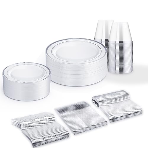150 PCS Silver Disposable Dinnerware Set for 25 Guests, Silver Plastic Plates for Party, Including 25 Dinner Plates, 25 Salad Plates, 25 Cups, 25 Forks Knives Spoons for Wedding and Party Supplies - color: Silver, size: 25 Guests