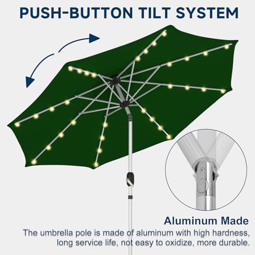 9FT Aluminum Patio Umbrella with 40-LED Solar Lighted, Fade-Resistant Outdoor Market Table Umbrella with Push Button Tilt Function, 8 Sturdy All-Aluminum Ribs for Gardens, Decks, Backyards & Pools - color: Green, size: 9FT 40LED-1Tier (Aluminum Umbrella)