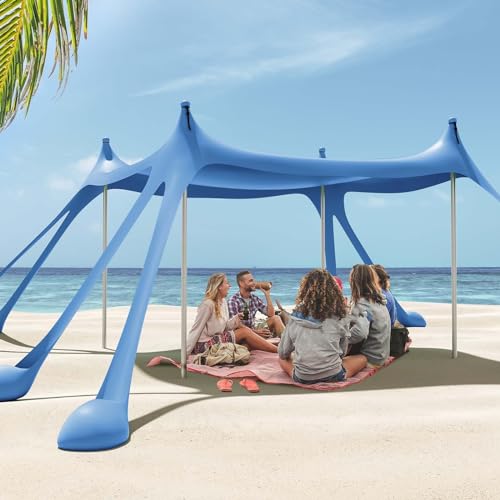 Gardentime Beach Tent Canopy with 8 Sandbags 4 Aluminum Poles, Pop Up Portable Camping Sun Shelter, Easy Set Up with 2 Sand Shovel, Ground Pegs, Carrying Bag for Outdoor Beach,Picnic, Fishing - color: Blue