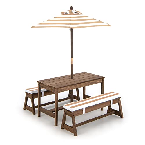 KOTEK Kids Picnic Table with Umbrella Foldable, Backyard Wooden Table & Bench Set w/Removable Cushions, Activity Art Play Table, Indoor Outdoor Toddler Picnic Table for Patio, Lawn & Garden (Brown) - color: Brown