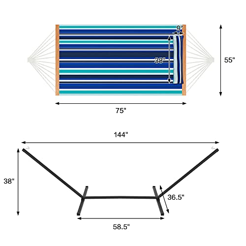 Homgava Two Person Hammock with Stand for Outside Heavy Duty, Outdoor Patio Hammock with Portable Steel Stand, Large Double Hammocks,480lbs Capacity.(Blue Stripes) - color: Blue Stripes