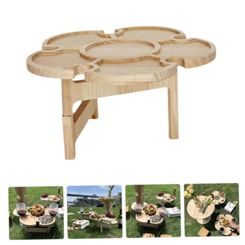 Portable Folding Beach Table for Outdoor Picnic and Camping, Wood Wine Desk with Wine Holder Tray, 35cm Diameter Portable Beverage Table for Patio and Lawn Use