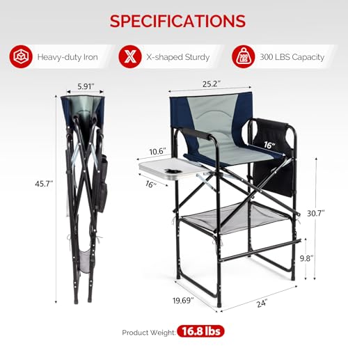 mefeir 31" Extra Tall Director Chair w/Side Table, Heavy-Duty Steel Frame Portable Folding Bar Stool w/Storage Pockets, for Makeup Artist, Salon, Studio, Camping, 300 lbs Capacity (Navy) - color: Navy/Sage Green, size: 31in