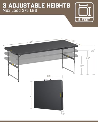 FanttikOutdoor 6ft Folding Table, 3 Heights, One-Handed Height Adjustment, Gravity Lock, Carry Handle, Indoor Outdoor Heavy Duty Fold-in-Half Portable Utility Table, Party, Black Zeta X6 Pro - color: Black
