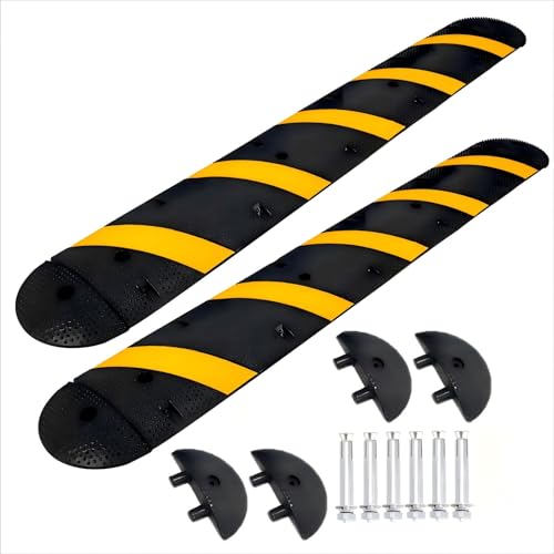 7FT Rubber Speed Bumps 2 Pack, Heavy Duty Traffic Speed Humps for Road, Driveway,Parking Lot, 66000 LBS Capacity, with 4 End Caps,8 Concrete Bolts - size: 6ft