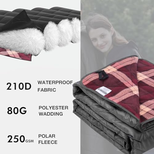 DUKUSEEK Large Camping Blanket - Waterproof, Quilted, Extra Thick Fleece, Warm, Windproof, Wearable, Includes Foldable Hood and Stuff Sack for Car, Outdoor Sports, Picnics, Stadiums, Dogs - color: Black Outer With Red Plaid Fleece