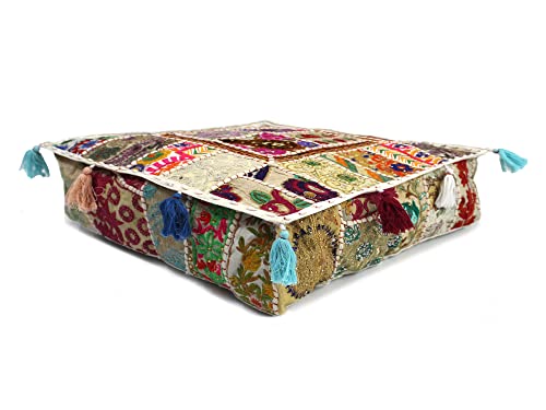 Mam Treasures Indian Bohemian Decorative Pillow Vintage Cushion Cover Patchwork Square Floor Pillow Cover Meditation Cushion Large Floor Pillow Indian Cushion (White, 16 X 16 X 5 Inch) - color: White, size: 16" x 16" (Pack of 1)