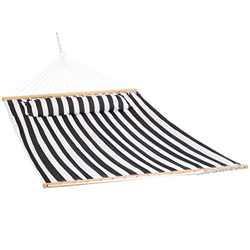 Sunnydaze Quilted Double Hammock for Outside with Spreader Bars and Pillow - 450 lb Capacity, 74x55 Inch Bed, UV Resistant, Quick Dry - Chains Included, Stand Sold Separately - Black & White - color: Black & White