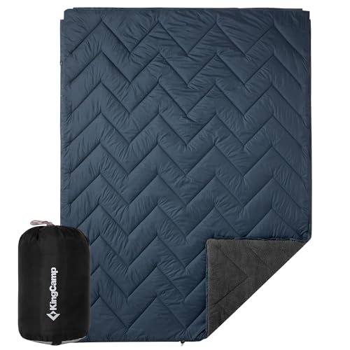 KingCamp Large Camping Blanket with Sherpa Lining, Packable Down Alternative Puffy Printed Wearable Blanket with Snap Buttons, Warm Weatherproof Quilt for Outdoor Travel (79" L x 57" W, Grey/Navy) - color: Sherpa-grey/Navy, size: 79" x 57"- Sherpa Fleece
