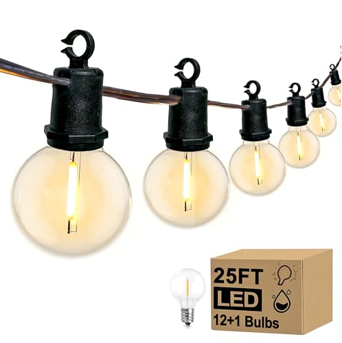 25Ft LED G40 Globe Outdoor String Lights Waterproof Patio Lights with 13 Shatterproof Warm White Bulbs, Hanging Light for Backyard Balcony Wedding Christmas Party Decorations, Black Wire - color: Black Wire, size: 25Ft