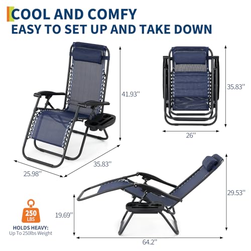 Garvee Outdoor Reclining Lounge Chair Set of 2 with Cup Holder & Padded Headrest, Adjustable Patio Folding Chairs, Heavy Duty Portable Camping Lawn Chairs for Pool, Backyard, Beach, Deck Blue - color: #Blue