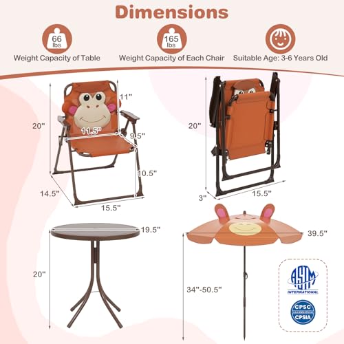 Costzon Kids Picnic Table, Kids Outdoor Table with 2 Folding Chairs, Height Adjustable Umbrella, Portable Children Outdoor Furniture for Patio, Garden, Backyard (Brown) - color: Brown Monkey