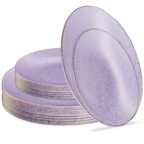 PLASTICPRO 32 Pack Elegant Disposable Plastic Plates Combo Set Includes 16 Dinner Plates and 16 Salad Plates Heavy Duty Fancy Party Plates Purple Granite Plates with Gold rim - color: Granite Collection Purple With Gold Rim