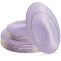 PLASTICPRO 32 Pack Elegant Disposable Plastic Plates Combo Set Includes 16 Dinner Plates and 16 Salad Plates Heavy Duty Fancy Party Plates Purple Granite Plates with Gold rim - color: Granite Collection Purple With Gold Rim