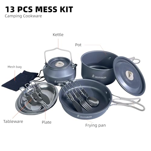 13-Piece Camping Cookware Set with Anti-Scald Silicone Handles, Lightweight Non-Stick Aluminum Pots and Pans, Compact Mess Kit for Backpacking & Survival