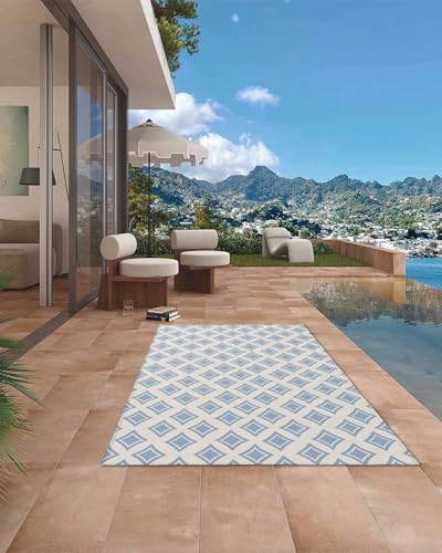 Outdoor Rug 4'x6' for Patio Clearance Large Outside Rug Chenille Patio Rugs Indoor Outdoor Carpet Artistic Geometric Rhombus Texture Blue Area Rugs for Camping Porch Deck Balcony - color: Abstractidt3395, size: 4' x 6' (Rectangular)