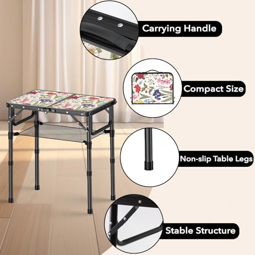 YihuiKo Small Camping Table, Vintage French Flowers Pattern Folding Table, Adjustable Height, Lightweight & Portable Outdoor Picnic Table with Carry Handle for Patio, Living Room, Travel - size: 16"D x 24"W x 27.5"H, style: Delightful Garden