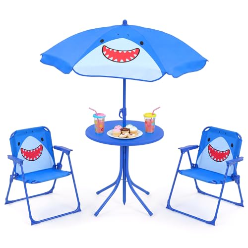 KOTEK Kids Picnic Table with Umbrella, Outdoor Table & 2 Folding Chairs, Cute Pattern Children’s Patio Furniture, Portable Kids Table and Chair Set for Backyard, Garden, Beach (Blue Shark) - color: Blue Shark