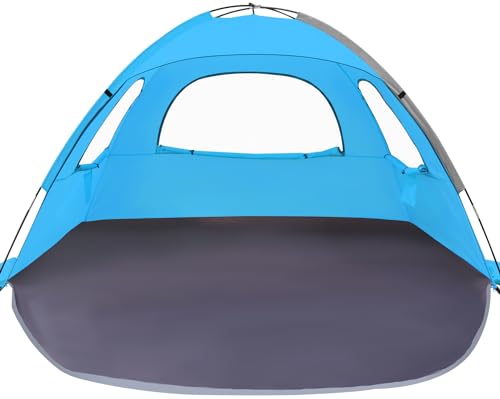 WhiteFang Beach Tent Anti-UV Portable Sun Shade Shelter for 3/4/6/8 Person, Extendable Floor with 3 Ventilating Mesh Windows Plus Carrying Bag, Stakes and Guy Lines - color: Blue, size: 4 Person