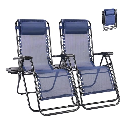 NEWBULIG Zero Gravity Chair Set of 2, Lounge Chair Folding Portable Adjustable Camping Reclining Chairs with Adjustable Pollow, Mesh Back, Cup Holder Trays Lawn Patio Chair for Pool Beach - Blue - color: Modern Blue, size: 2 Pack