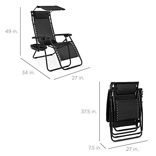 Best Choice Products Folding Zero Gravity Outdoor Recliner Patio Lounge Chair w/Adjustable Canopy Shade, Headrest, Side Accessory Tray, Textilene Mesh - Black - color: Black, size: Standard