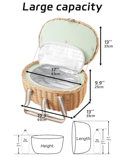 Picnic Basket Insulated with Lid, Extra Large Wicker Picnic Basket with Waterproof Insulated, Handwoven Portable Vintage Picnic Hamper 8.4 Gal(31.7L), Camping Outdoor Gifts Date, Natural - size: Oval With Insulated Lining