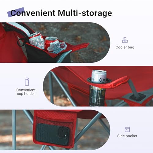 Camping Chairs Portable Folding Lightweight Outdoor Lawn Chair for Adults with Cooler Bag, Cup Holder and Side Pocket for Camping, Beach, Sports, Hiking, Fishing - color: Red, size: Large
