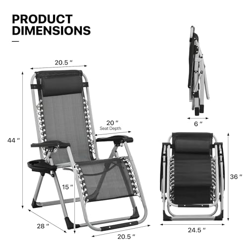 MoNiBloom Reinforced Zero Gravity Chair, Folding Pool Beach Lounger, Portable Tanning Chaise with Cushion, Headrest and Side Tray, 330lbs Capacity - Black - color: Black, size: Standard 1-Pack