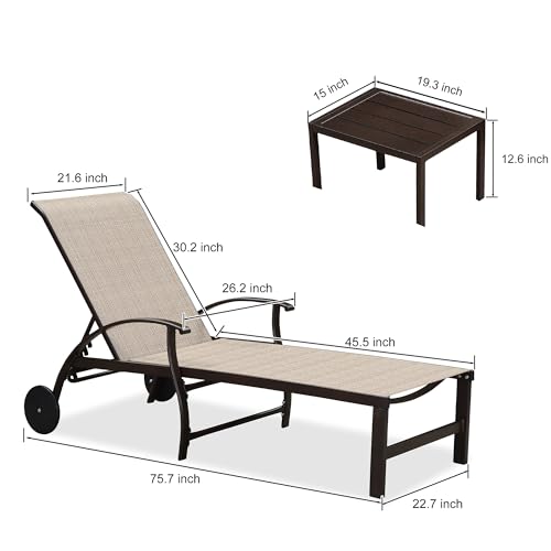 PURPLE LEAF Outdoor Chaise Lounge Chair Set of 3 Patio Pool Lounger Aluminum Chairs with Side Table and Wheels Adjustable Tanning Recliner for Outside Backyard Yard Deck Balcony Beach Khaki - color: Khaki, size: 2 Chairs with Wheels & 1 Table