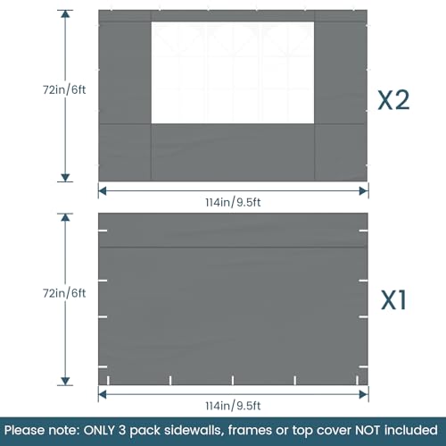 Raynesys Sidewall for 10x10 Canopy Tent, Waterproof Silver-Coated Fabric, UPF 50+ UV Protection, 3 Pack Canopy Wall 114''x72'', No Frame or Top Cover, Gray - color: Gray