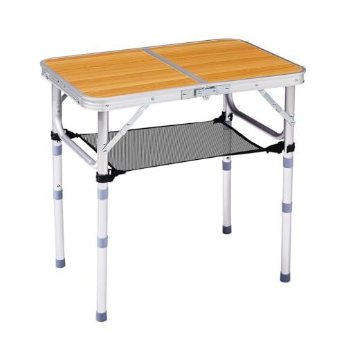 Camping Table, Adjustable Height Folding Table, Portable Aluminum Small Folding Table with Carry Handle for Picnic, BBQ, Indoor, Office (Wood Color, 2 FT) - color: Wood Color, size: 2 FT
