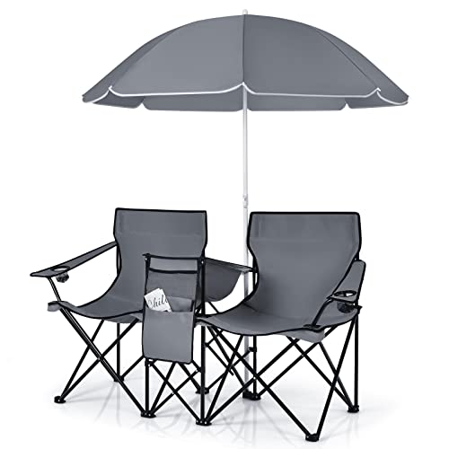 LDAILY LUARANE Folding Double Camping Chair, Outdoor Picnic Chairs w/Removable Umbrella, Mini Table, Cup Holder & Carrying Bag, Portable Camping Loveseat for Patio, Pool, Lawn, Beach, Park (Grey) - color: Grey