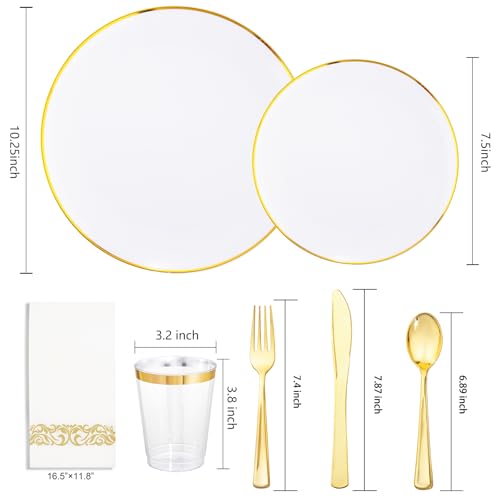 Supernal 350pcs White and Gold Plastic Plates,Gold Plastic Dinnerware for 50 Guests Include 100 White Disposable Plate, 150 Gold Silverware Set, 50 Disposable Cups, 50 Napkins - color: 350pcs White Plastic Plates with Gold Rim