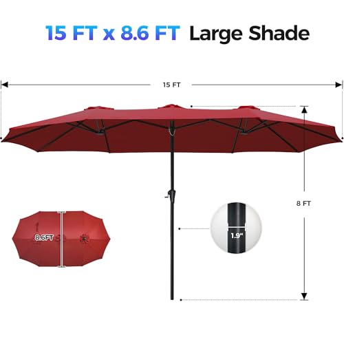 SUPERJARE 15FT Outdoor Umbrella for Patio, Double sided Pool Umbrellas with Fade Resistant Canopy, Large Table Umbrella for Deck, Market, Backyard - Burgundy(No Base) - color: Burgundy, size: 15FT