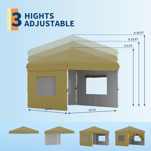 10x10 Pop Up Canopy with 3 Sidewalls - Easy Up Camping Tent with One Button Push Setup - 1 Roller Bag, 3 Adjustable Height, 4 Weight Bags for Deck, Garden, Sports, Beach, Party - Khaki - color: Khaki, size: 10x10