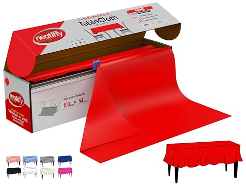 Neatiffy Disposable Plastic Table Cloth Roll | 54 in x 108 Ft Waterproof Tablecloth | Table Cover for Rectangle, Square, Round Oval Tables | Picnic, Party, Banquet, Birthdays, Weddings - Red - color: Red
