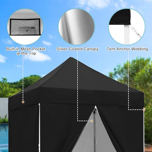 5x5 Pop Up Canopy Tent with Four Sidewalls, Instant Portable Beach Canopy, Outdoor Tent with Carry Bag for Camping, Sports, Tailgating, Events, Black - color: Black, size: With Four Walls