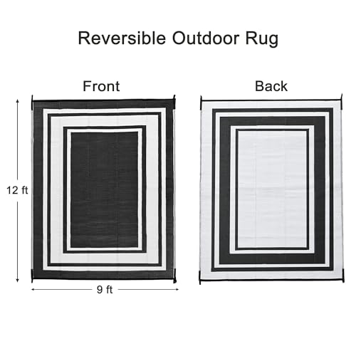 RURALITY Outdoor Rug 9x12 Waterproof for Patio Clearance,Large Plastic Straw Mat for Camping,Porch,RV,Reversible,Black and White - color: Panel-black&white, size: 9' x 12' (Rectangular)