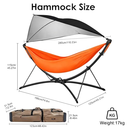 Portable Outdoor Hammock with Quick-Fold Stand,Adjustable Sunshade,Waterproof & UV-Resistant,Heavy-Duty 550lb Capacity,Travel 2-Person Hammock with Storage Bag for Camping,Backyard,Beach,Patio,Indoor - color: Orange