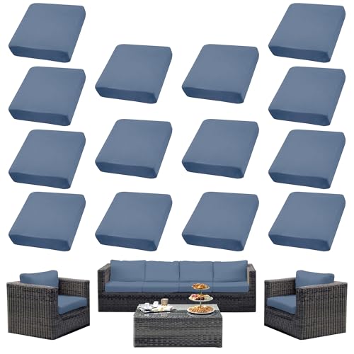 14Pcs Outdoor Cushion Covers, Patio Cushion Covers,Stretch Elastic Slipcovers, Replacement Washable & Reusable Furniture Protector for Patio Couch (Gray-Blue,Cover Only) - color: Gray Blue, size: 14Pcs-Solid color