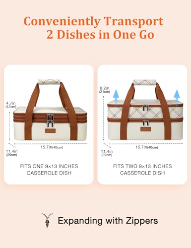 Vuudh Expandable Casserole Carrier Bag, Double Deckered Insulated Food Bag for 2 Dishes, Hot Cold Lasagna Holder Tote for Picnic, Potluck, Travel - color: Expandable-beige