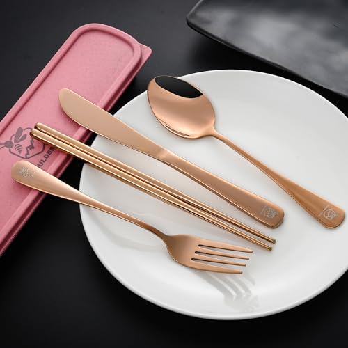 Boulder Bee Travel Utensils Set | Reusable Camping Cutlery Set | Stainless Steel Flatware Set | Portable Silverware Set with Case | Includes Knife/Fork/Spoon/Chopsticks/Cleaning Cloth/Case (Rose) - color: With Chopsticks-Rose