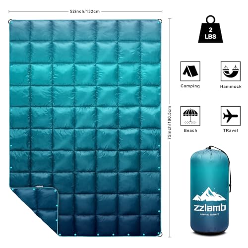 zzlamb Camping Blanket for Cold Weather,Outdoor Puffy Blanket Portable Down Alternative,Windproof Warm Cloak with Snaps,Cozy Quilt Backpacking Picnic RV Travel Plane Car Hammock Beach Climbing - color: Lake Blue Fade, size: 52x75in