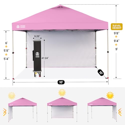 CROWN SHADES Canopy Tent, 10 x 10 Foot Portable Pop Up Outdoor Shelter with 1 Sidewall, Easy 1 Push Center Lock, UV Protection, and Carry Bag, Pink - color: Pink, size: 10x10FT