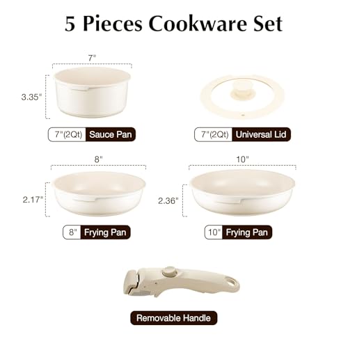 White Non-Stick Ceramic Cookware Set, 5-Piece Pots and Pans Set with Detachable Handles, Perfect for Everyday Cooking, RV Camping, and Compact Kitchens, Induction Compatible, PFOA & PTFE Free - color: Beige White