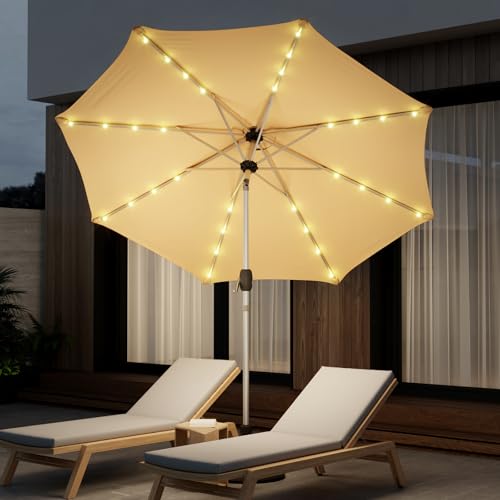 10FT 40-LED Solar Lighted Aluminum Patio Umbrella, Fade-Resistant Outdoor Market Table Umbrella with Push Button Tilt Function, 8 Sturdy All-Aluminum Ribs for Gardens, Decks, Backyards & Pools - color: Beige, size: 10FT 40LED-1Tier (Aluminum Umbrella)